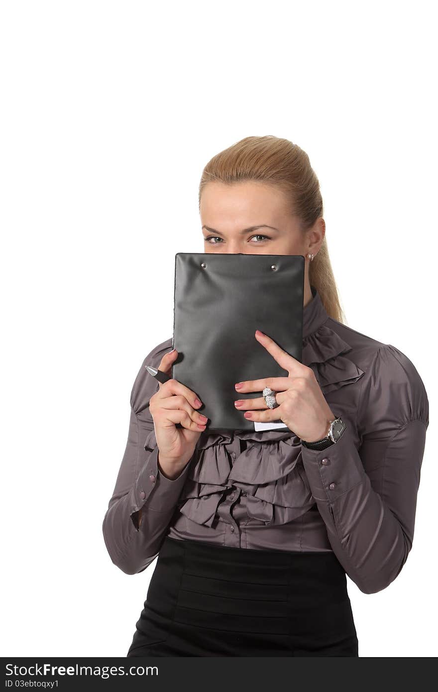 Businesswoman hid face behind notepad