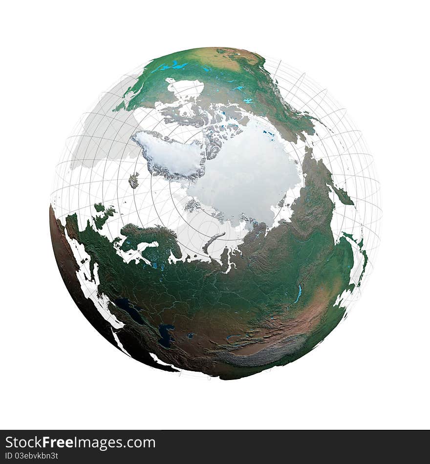 Transparent globe with continents and grid system