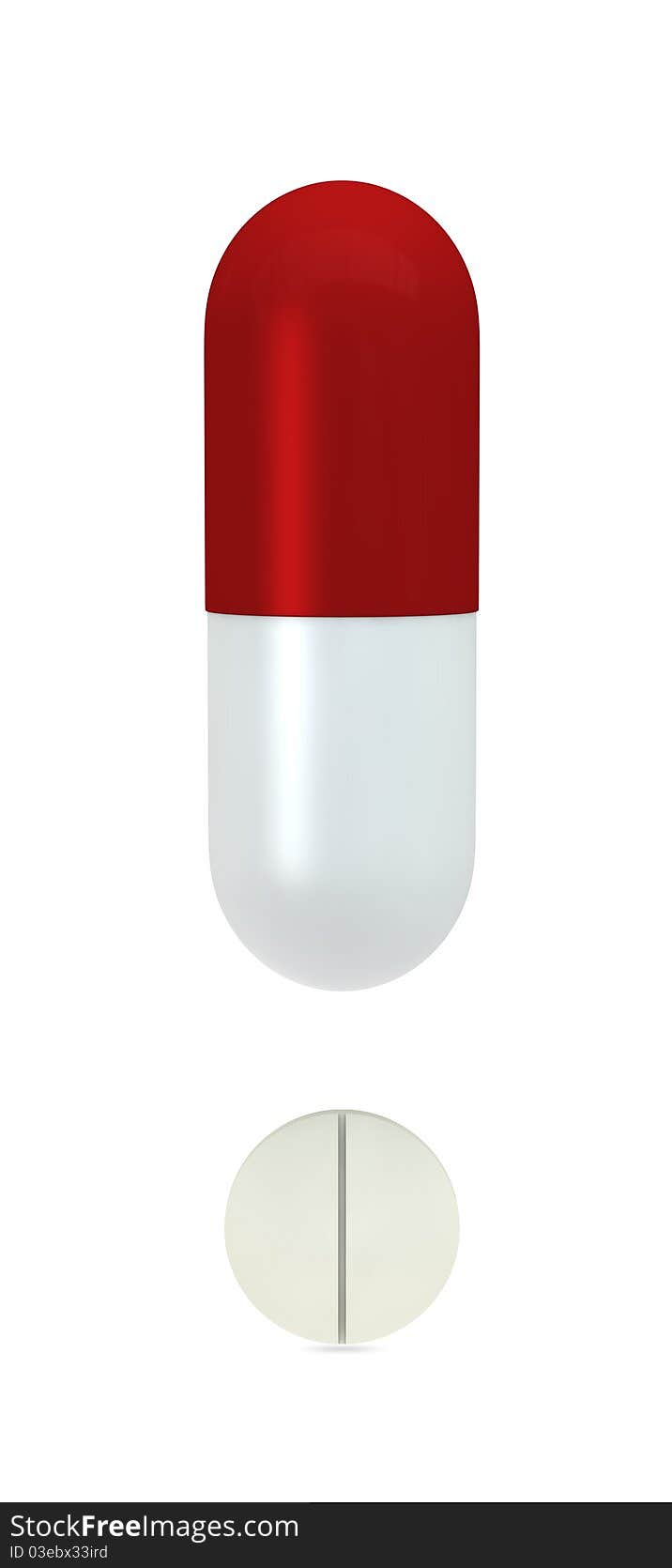 One 3d render of 2 pills that form an exclamation point