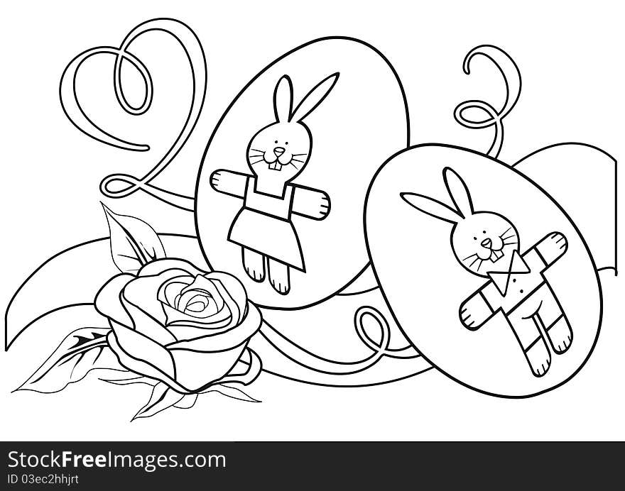 Monochrome Contour Illustration With Rose And Eggs