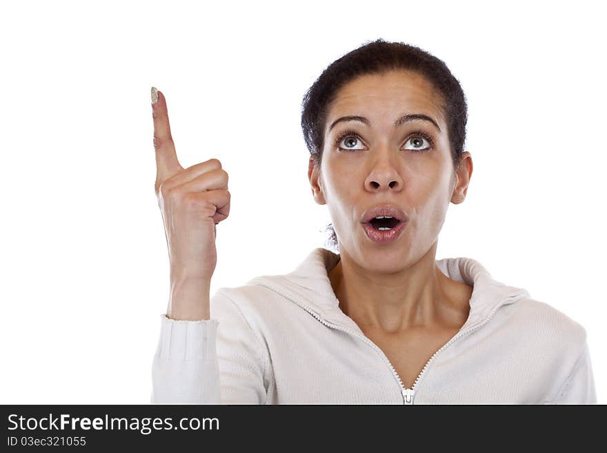 Attractive, black woman points with finger up to blank ad space. Isolated white background. Attractive, black woman points with finger up to blank ad space. Isolated white background.