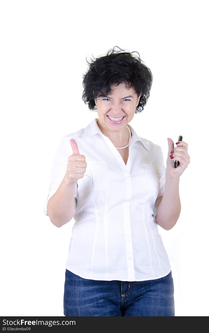 Happy woman in white shirt. Happy woman in white shirt