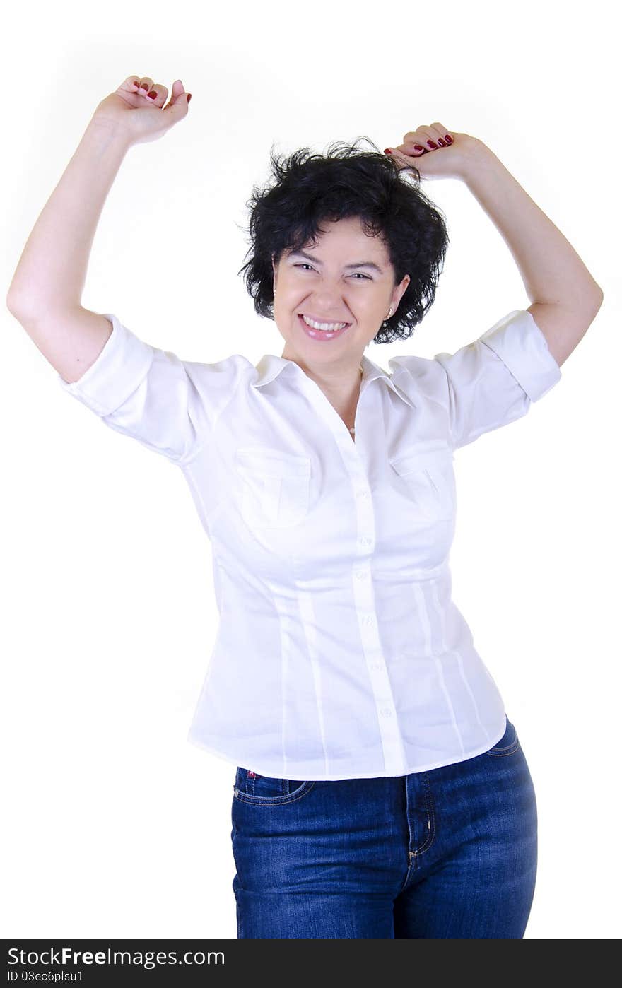 Happy and smiling woman in white shirt and jeans. Happy and smiling woman in white shirt and jeans