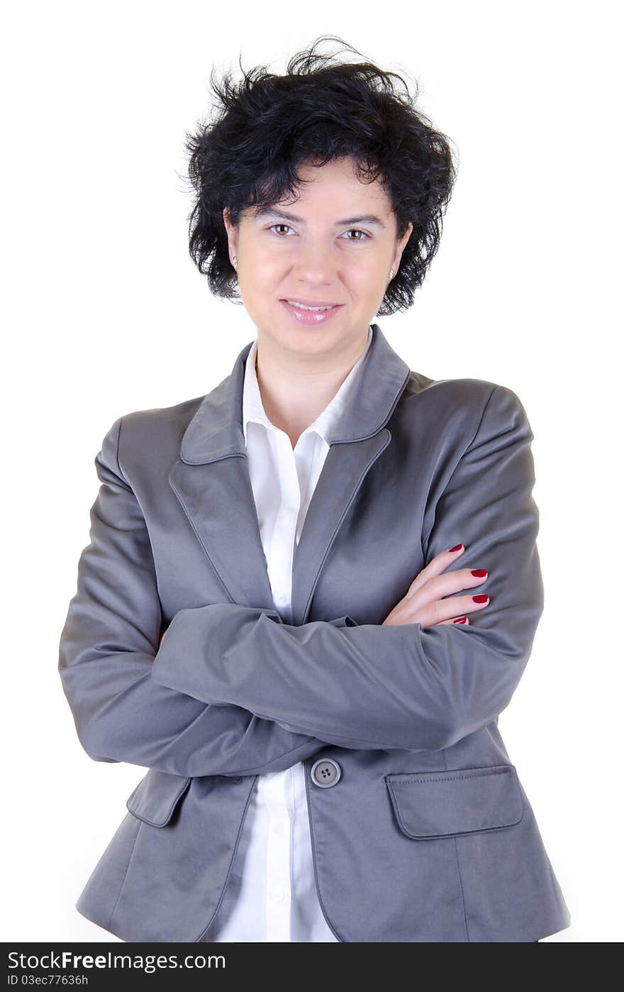 Smiling woman in white blouse and gray jacket. Smiling woman in white blouse and gray jacket