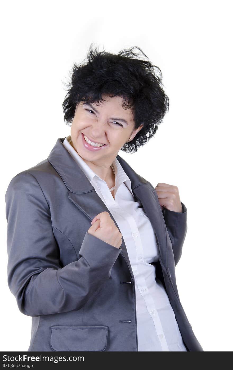 Satisfied businesswoman in a white shirt and gray jacket. Satisfied businesswoman in a white shirt and gray jacket