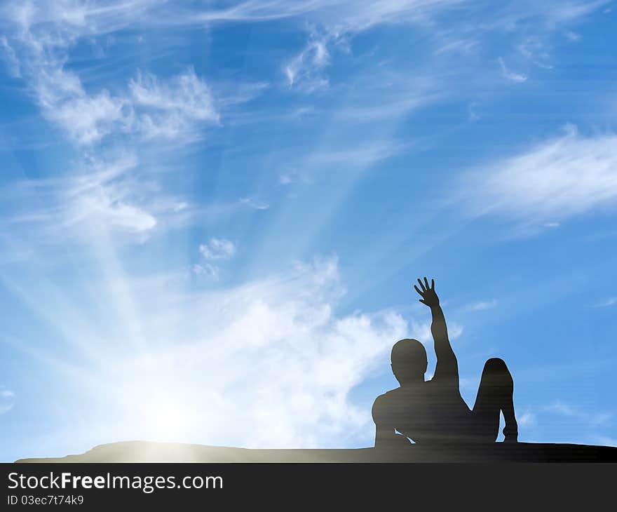 Silhouette of a man at the top of the mountain against the sky