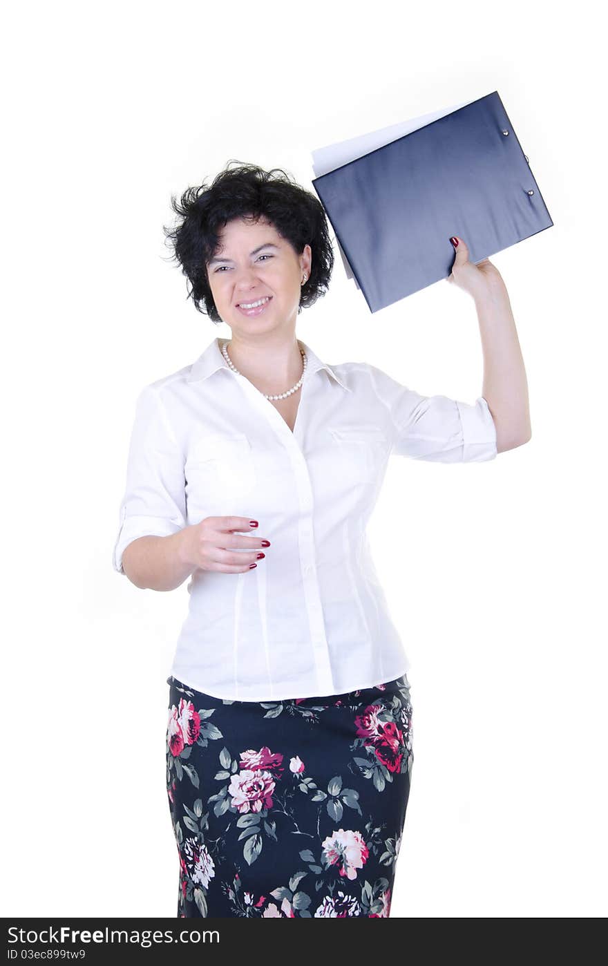 Unhappy businesswoman in a white shirt throwing notes. Unhappy businesswoman in a white shirt throwing notes