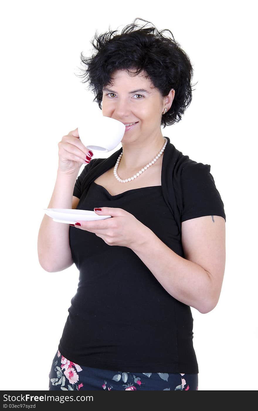 Woman drinking coffee from a white cup. Woman drinking coffee from a white cup