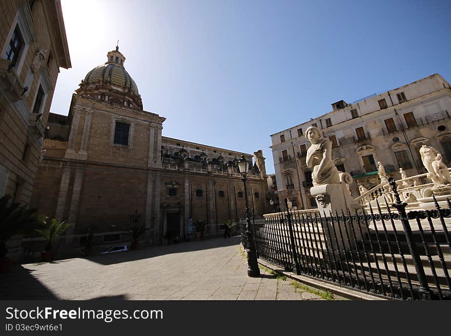 This lovely square is Palermo's most famous. Its beautiful but controversial fountain, originally intended for a Tuscan villa, is bedecked with nude statues and mythological monsters -- thus, it was called Fontana della Vergogna, or Fountain of Shame, by outraged churchgoers. San Giuseppe dei Teatini is the church directly to the west; the eastern end of the square is flanked by Chiesa Santa Catarina. On the south axis stands Palazzo Pretorio, the city hall. Note the plaque on the front of the building commemorating Garibaldi's 1860 triumph, ending the Bourbon reign in Sicily. This lovely square is Palermo's most famous. Its beautiful but controversial fountain, originally intended for a Tuscan villa, is bedecked with nude statues and mythological monsters -- thus, it was called Fontana della Vergogna, or Fountain of Shame, by outraged churchgoers. San Giuseppe dei Teatini is the church directly to the west; the eastern end of the square is flanked by Chiesa Santa Catarina. On the south axis stands Palazzo Pretorio, the city hall. Note the plaque on the front of the building commemorating Garibaldi's 1860 triumph, ending the Bourbon reign in Sicily.