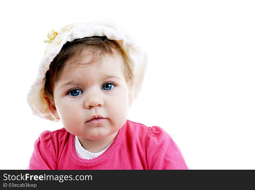 Adorable baby girl posing in studio against white background, copy space