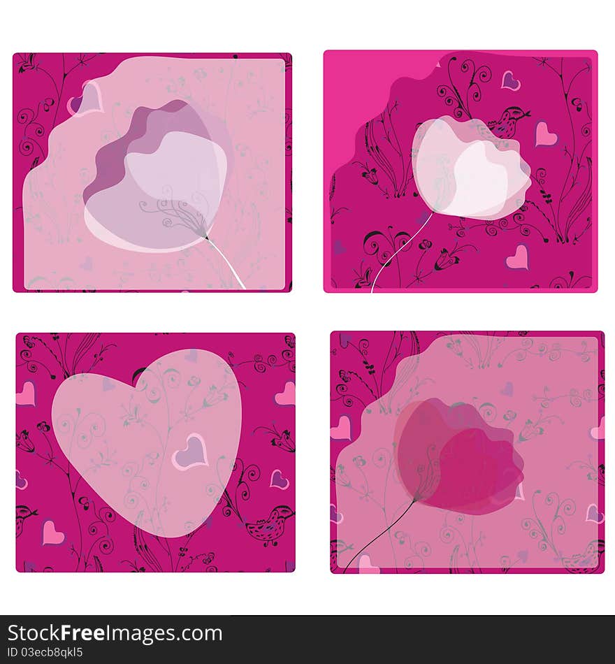 Set of poppy cards with romantic patterns. Set of poppy cards with romantic patterns