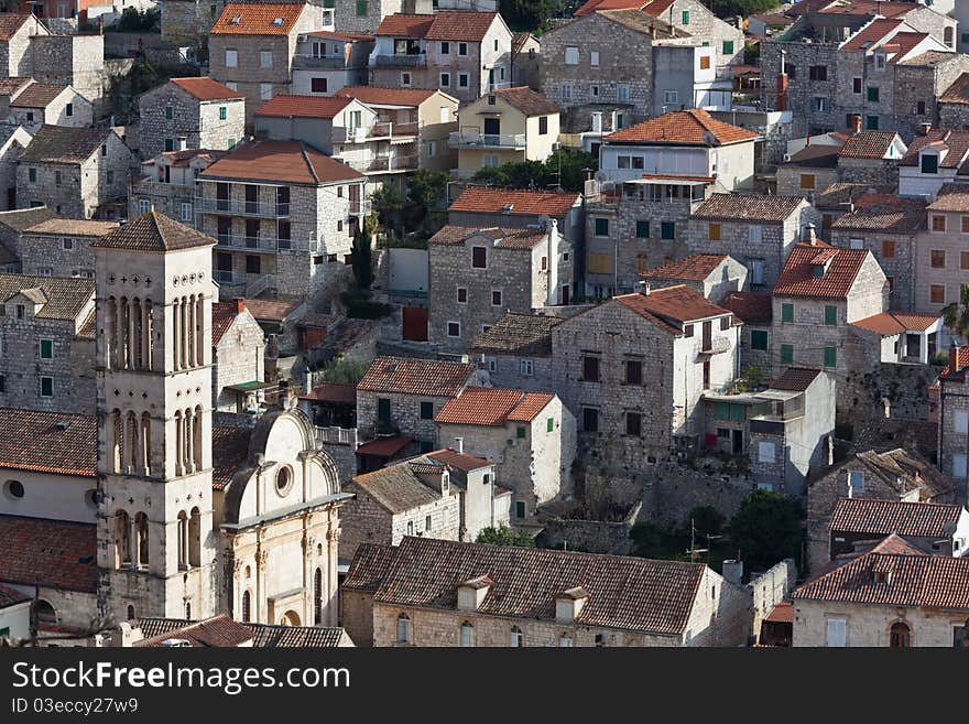 Hvar, Croatia rooftops and church