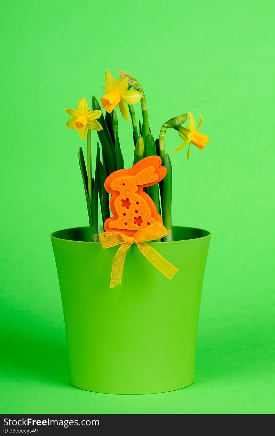 Painted easter egg and yellow daffodil on the green background.