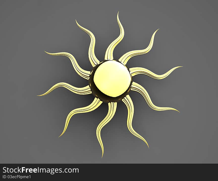 3d illustration of a design golden sun on grey background