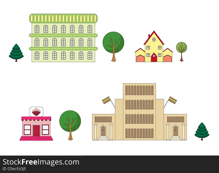 Four buildings and trees, isolated. Four buildings and trees, isolated.