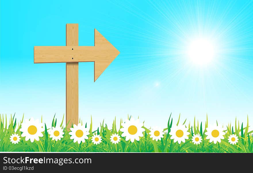 Wooden sign with grass and camomile illustration