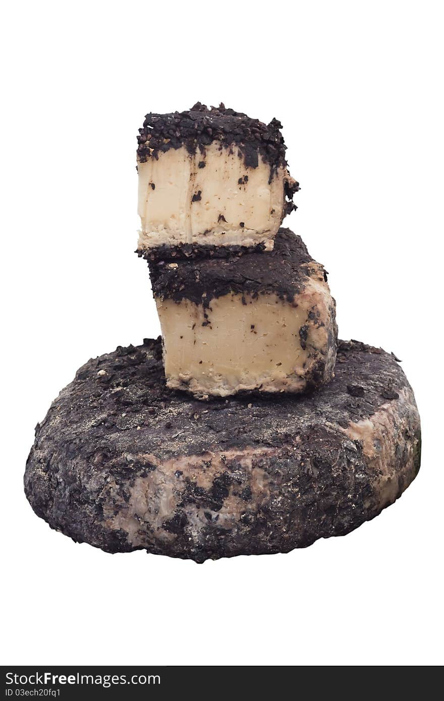 Three strong mature Italian wholes of cheese with black cheese ring. Background white. Three strong mature Italian wholes of cheese with black cheese ring. Background white