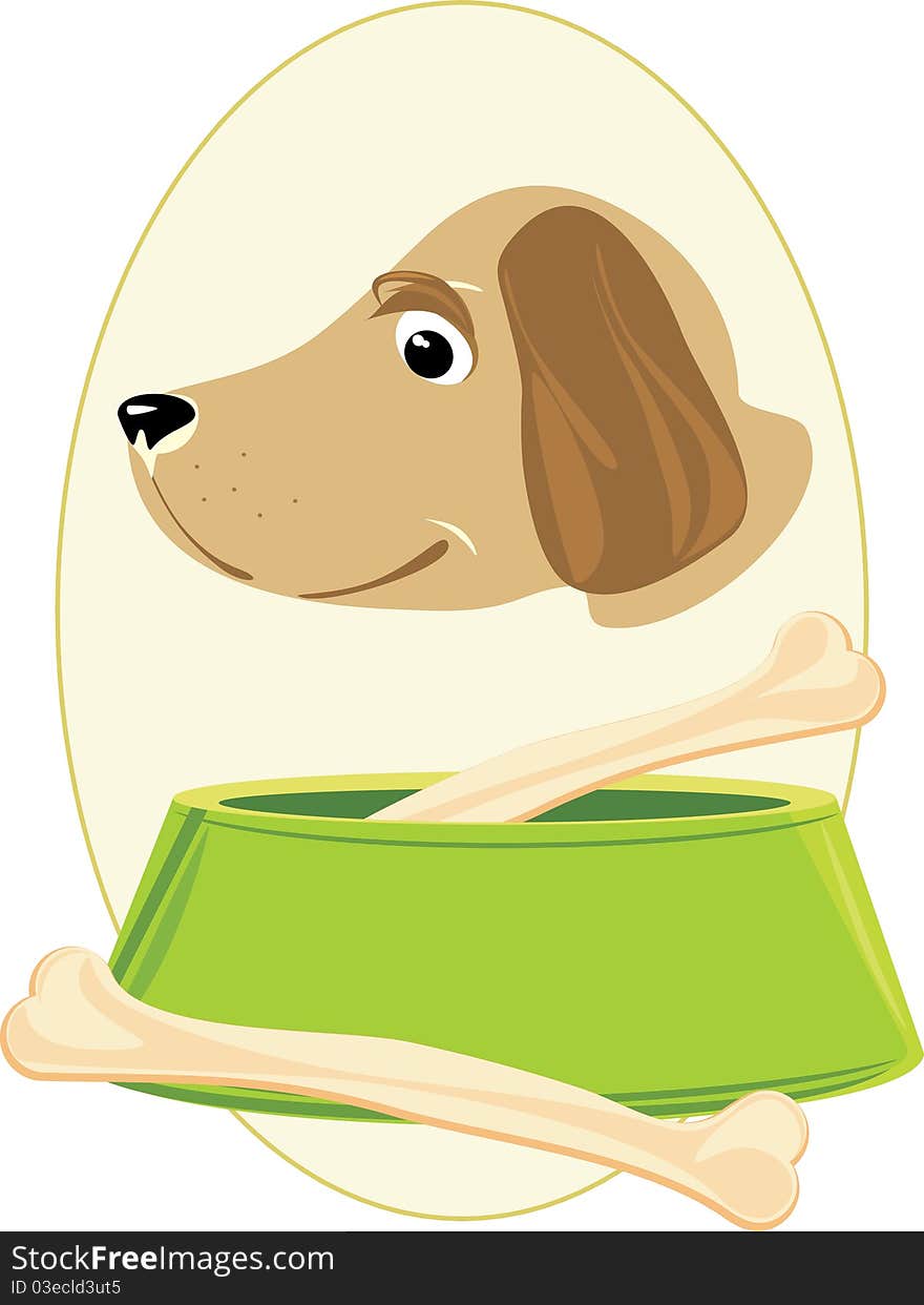 Doggy muzzle and bones in a green bowl. Sticker