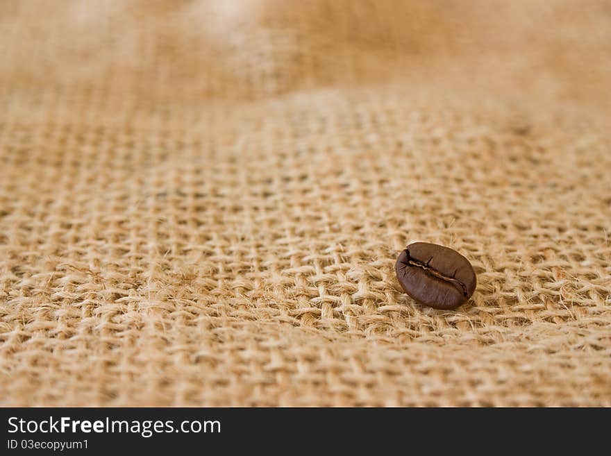 Single coffee bean on burlap sack background. Single coffee bean on burlap sack background