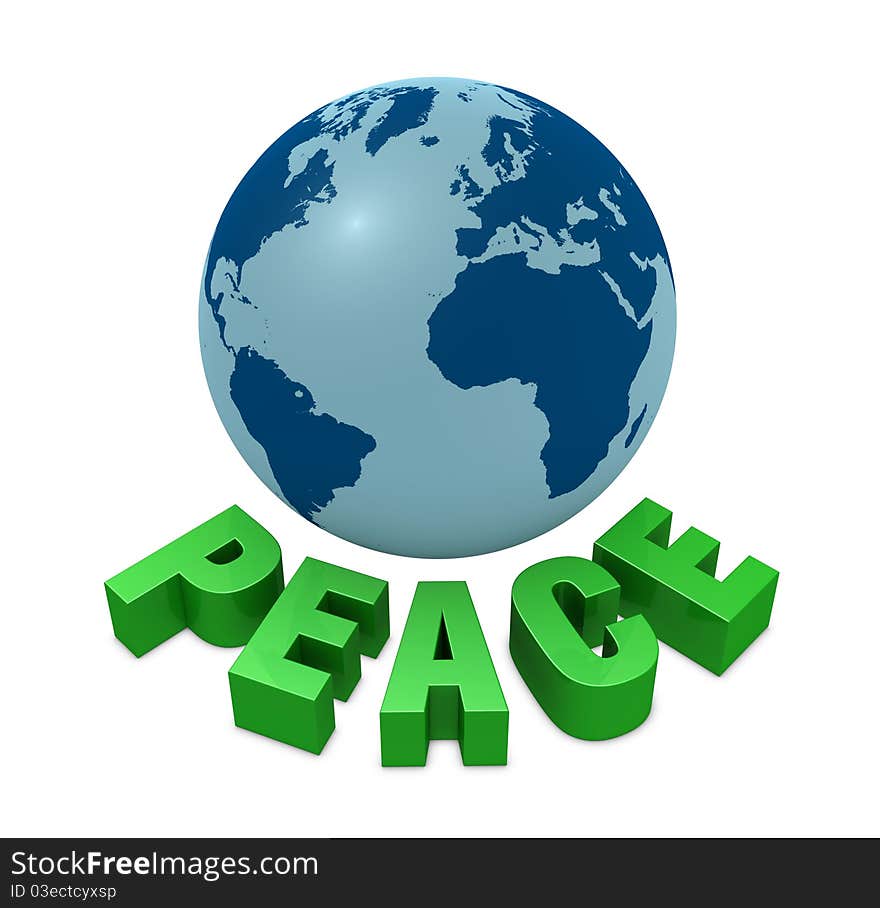 One 3d render of globe with the word peace around it. One 3d render of globe with the word peace around it