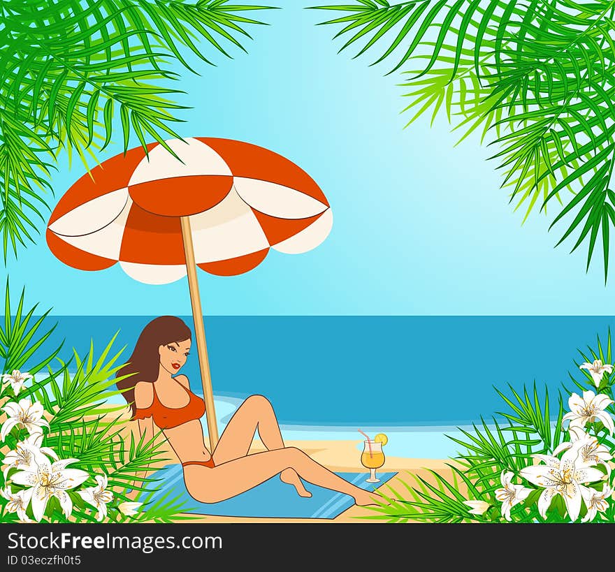 Beautiful girl on a summer beach. Illustration in retro style