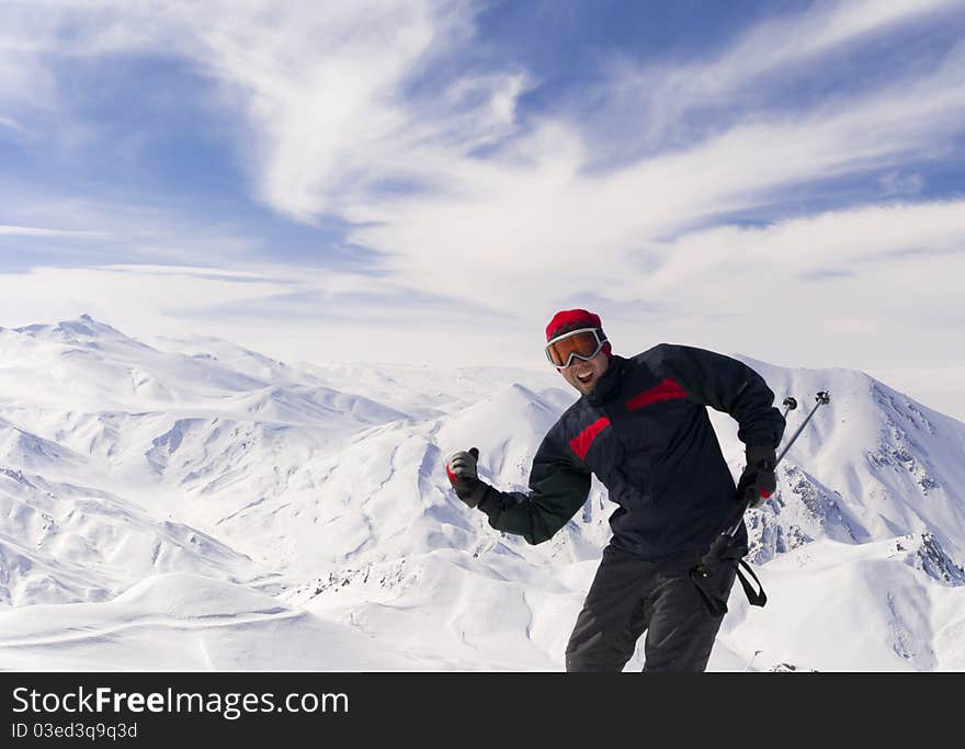 Young skier on the top of mountain Ejder. Palandoken. Turkish ski resort