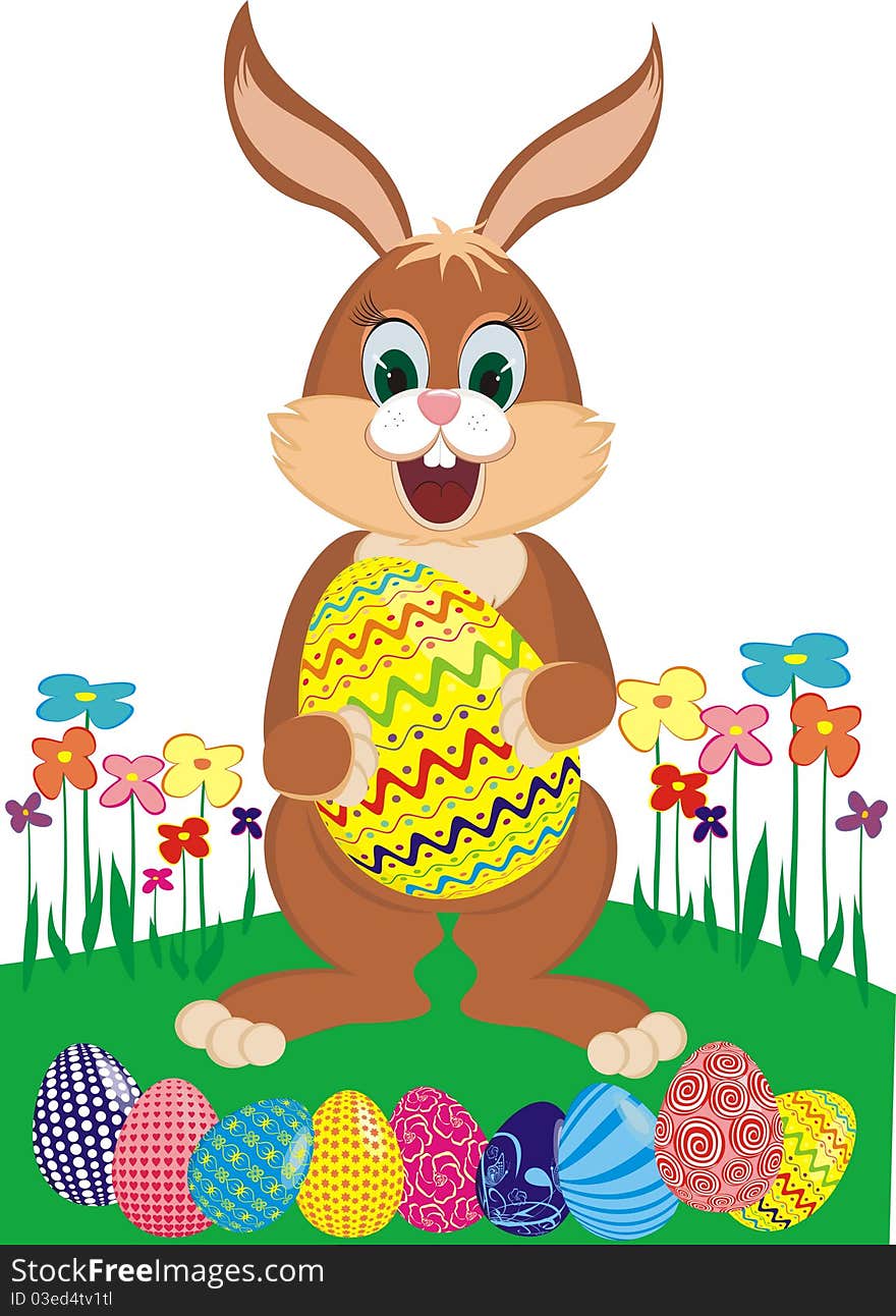 Easter bunny with colorful eggs on a flower glade