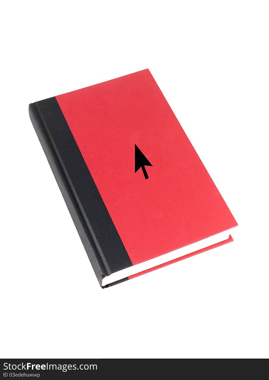 A red book with computer cursor  isolated against a white background