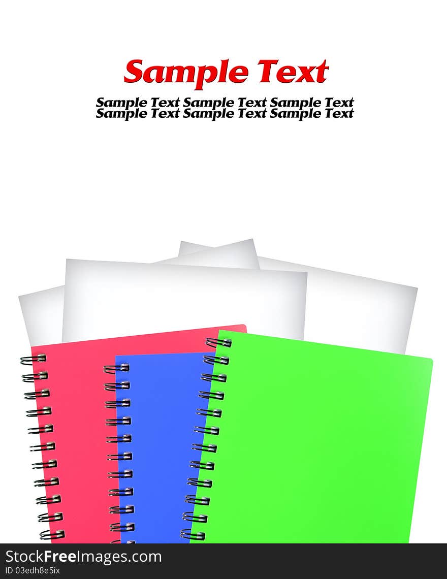 Colored notebook and white paper isolated