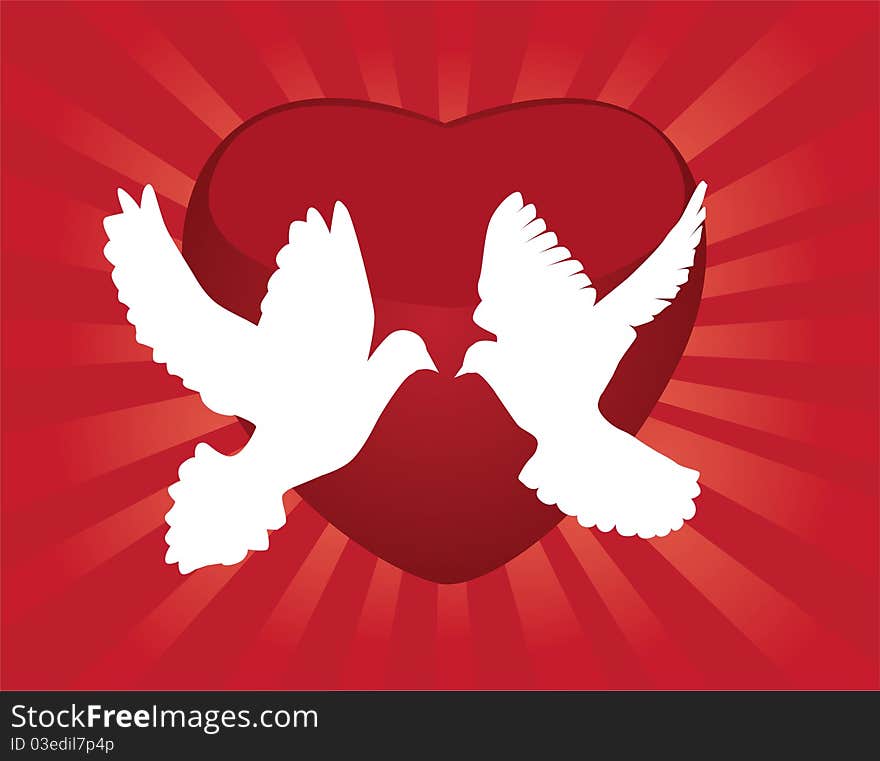 Illustration of two white doves and red heart background