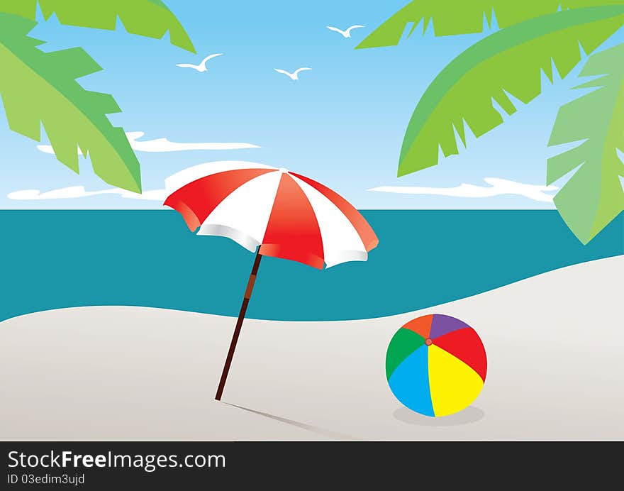 Illustration of beach with umbrella and ball