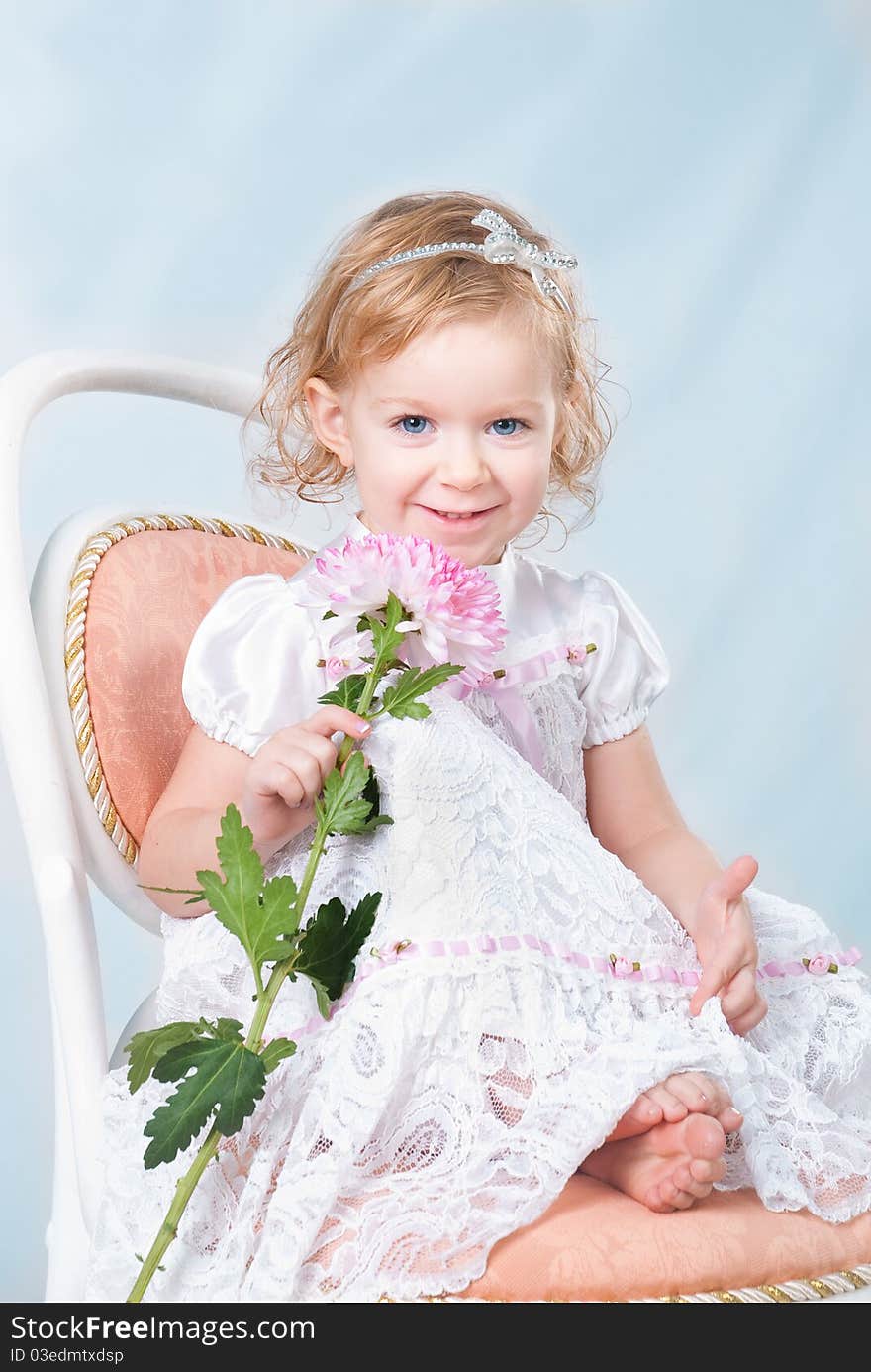 Adorable girl sitting on the chair with flower on studio blue background