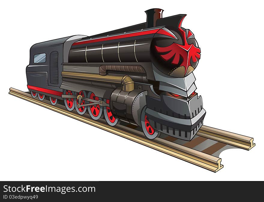 Old steam locomotive with red demon eyes instead of headlight and mystic symbol, vector illustration. Old steam locomotive with red demon eyes instead of headlight and mystic symbol, vector illustration