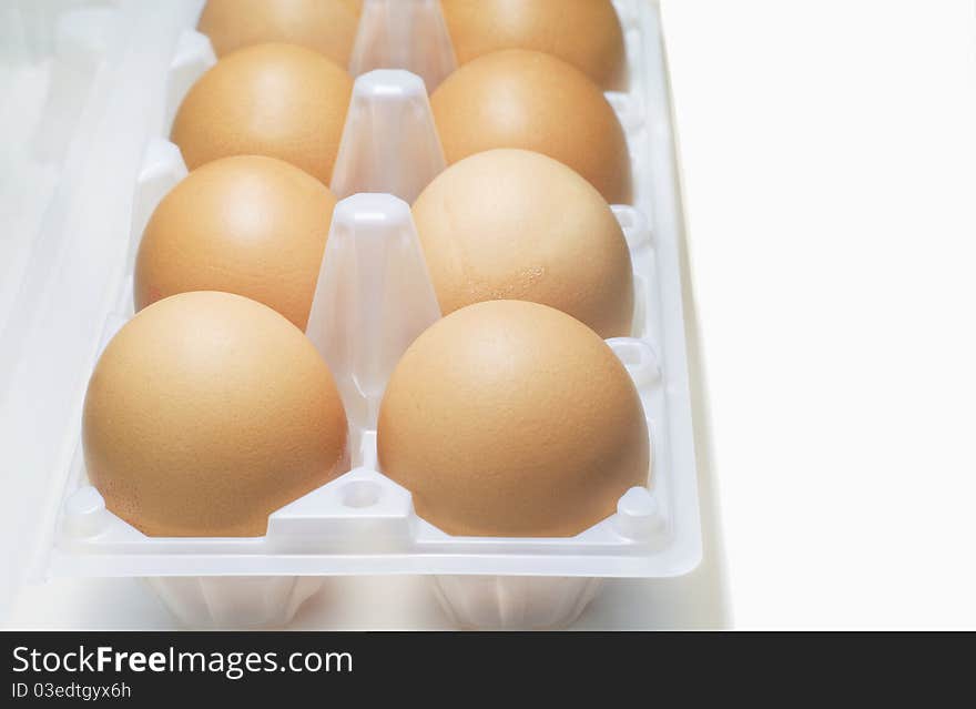 Eggs in plastic egg box from supermarket on white background. Eggs in plastic egg box from supermarket on white background.