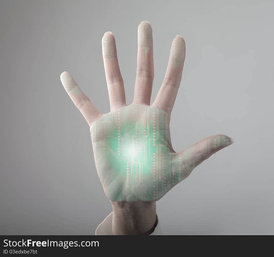 Woman's hand with microchip on it. Woman's hand with microchip on it