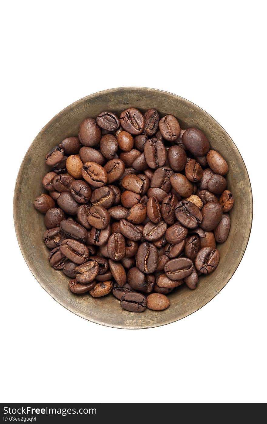 Coffee beans in a mortar, isolated on white background.