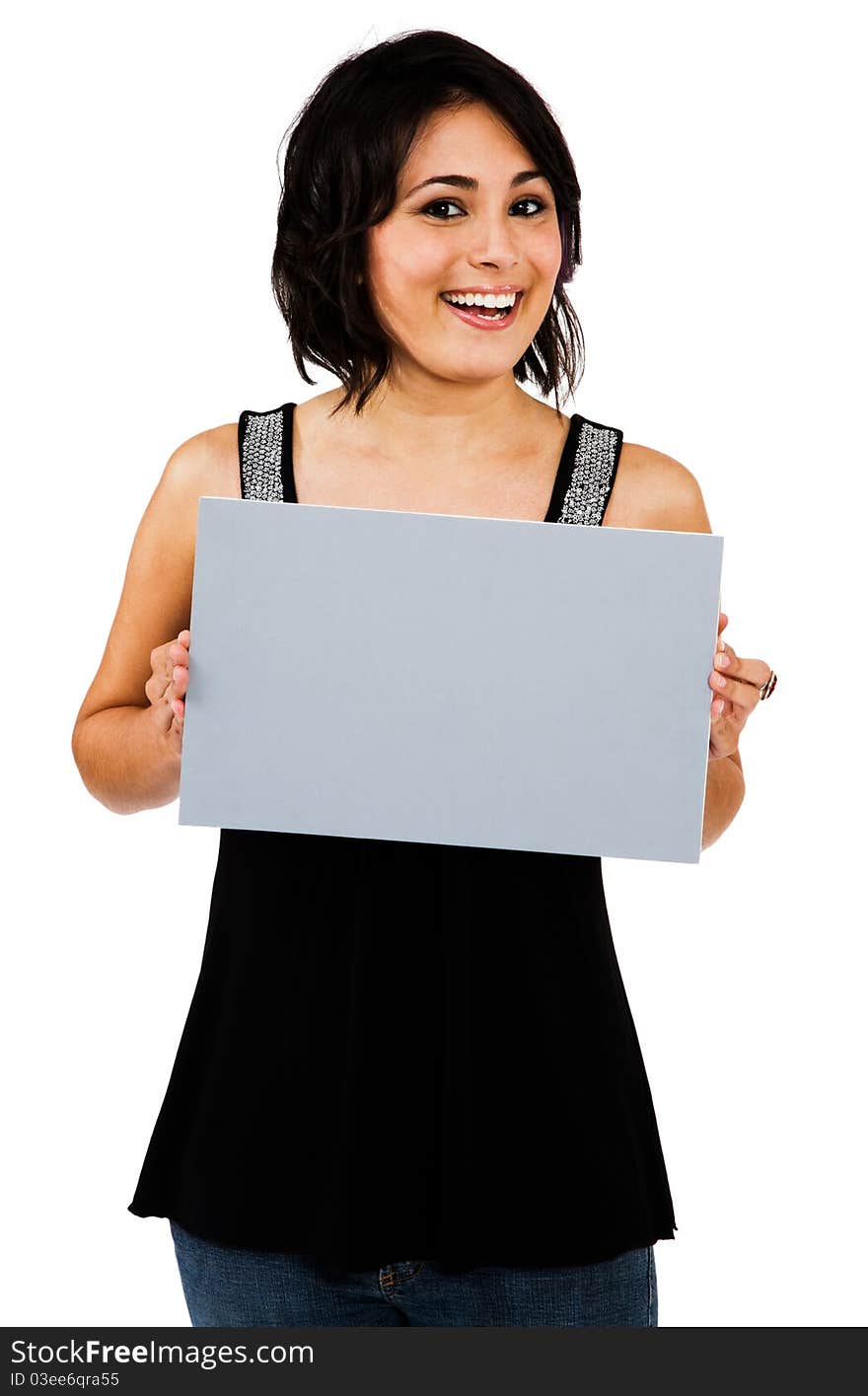 Close-up of a woman showing placard