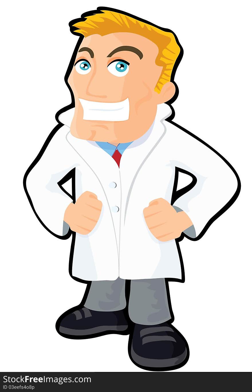 Cartoon doctor in white coat. Isolated on white