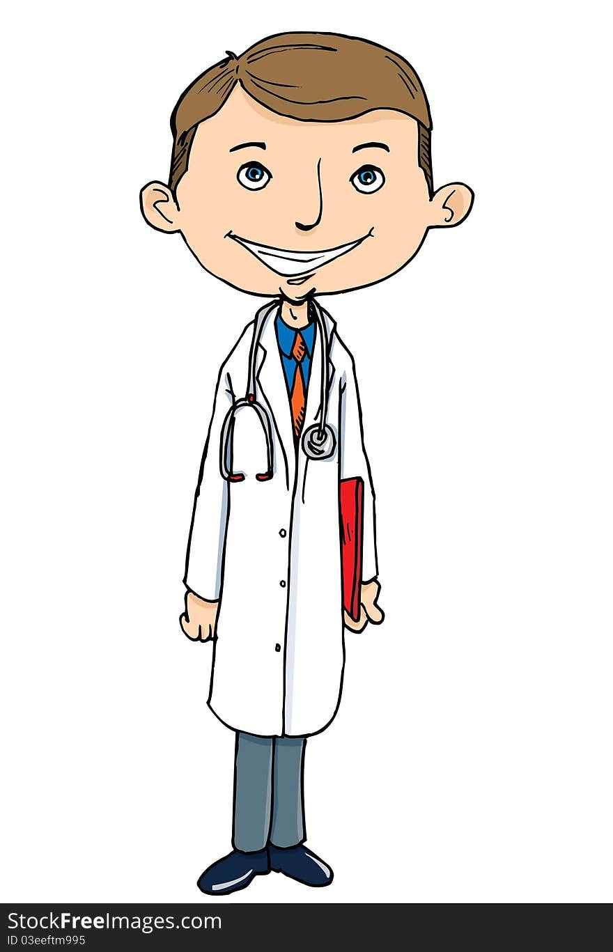 Cartoon doctor in white coat. Isolated on white