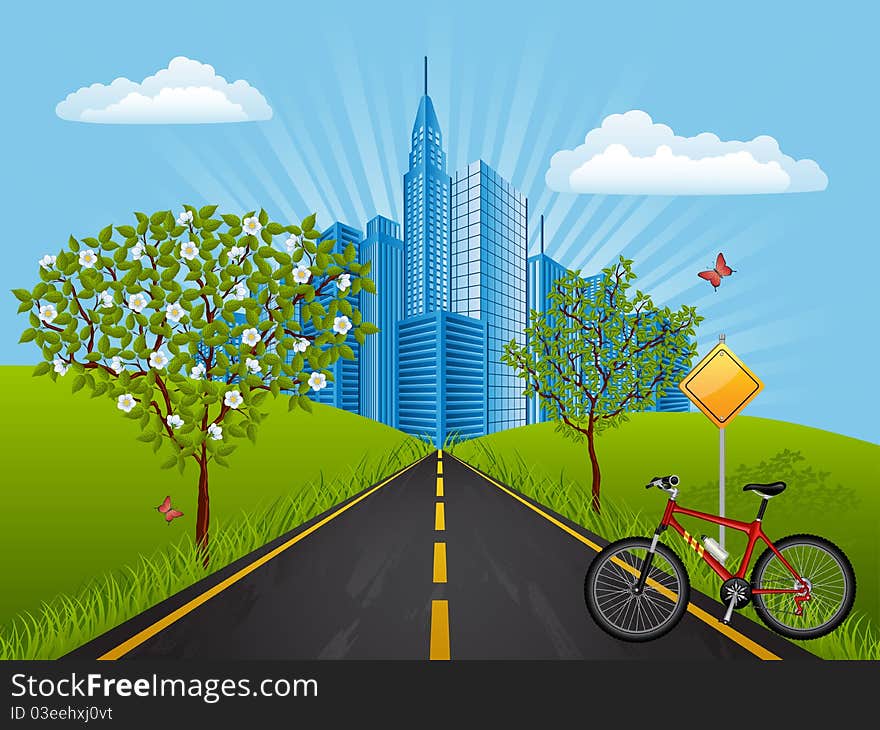 Summer landscape with a bike. Vector illustration.