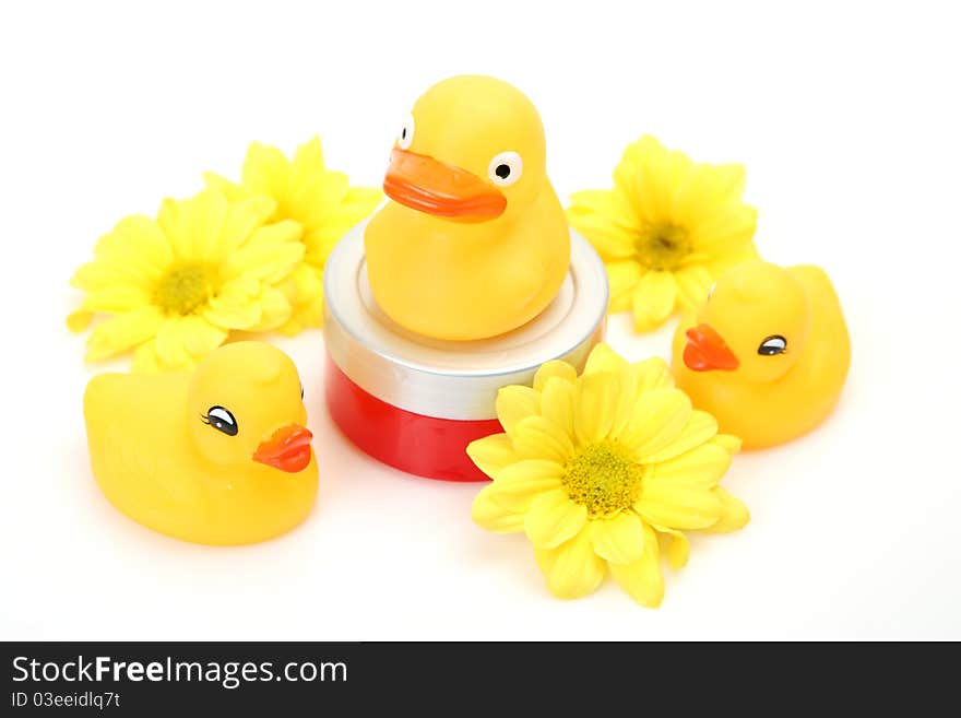 Yellow ducks on a white background. Yellow ducks on a white background