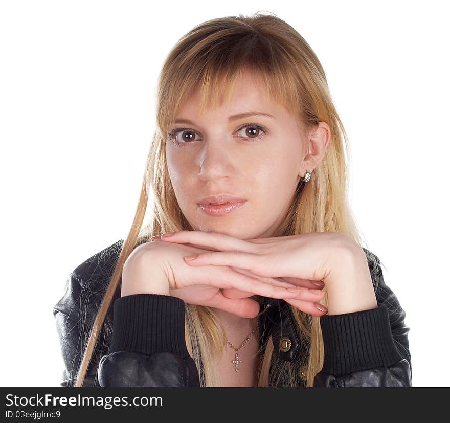 Portrait close up of the girl in a black jacket on a white background