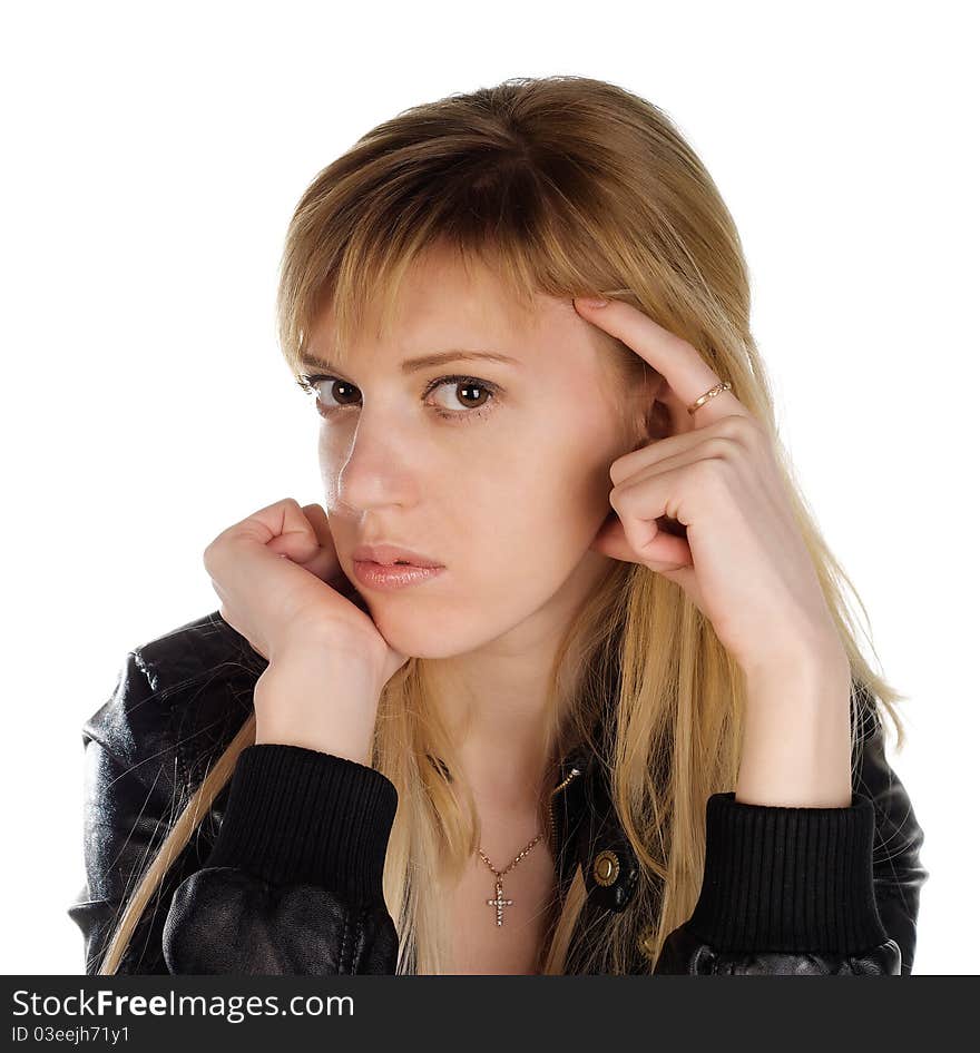 Portrait close up of the girl in a black jacket on a white background