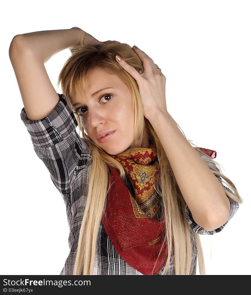 Portrait of the girl in a shirt on a white background