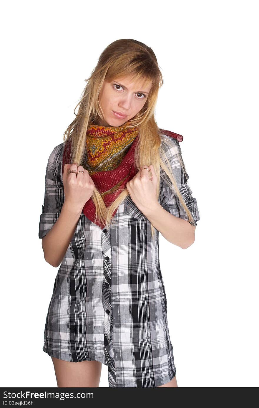 Portrait of the girl in a shirt on a white background