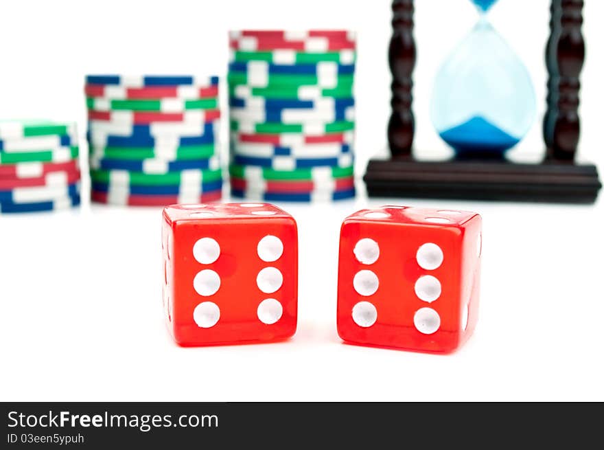 Good luck on the dice and poker chips isolated on a white background