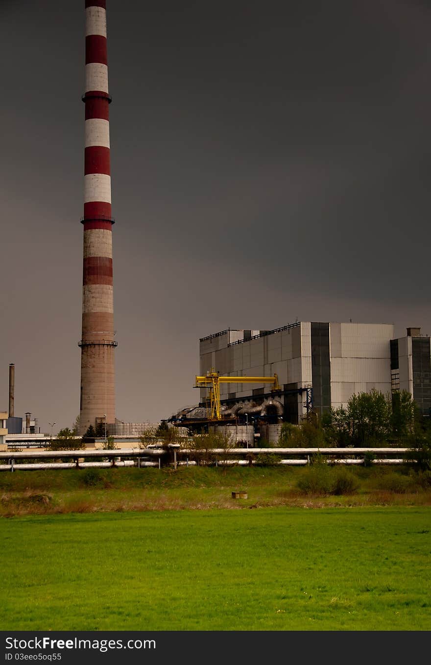 Thermal power station at cloudy day