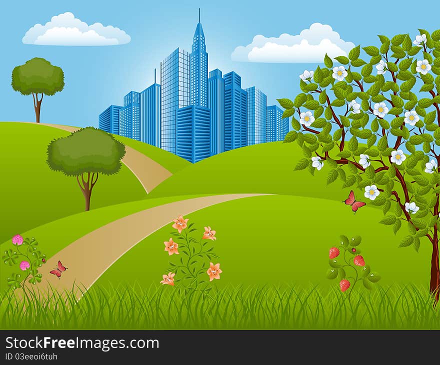 Summer landscape. Nature background. Vector illustration.