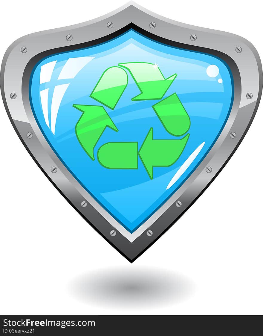 Big glass shield with green recycling symbol. Big glass shield with green recycling symbol