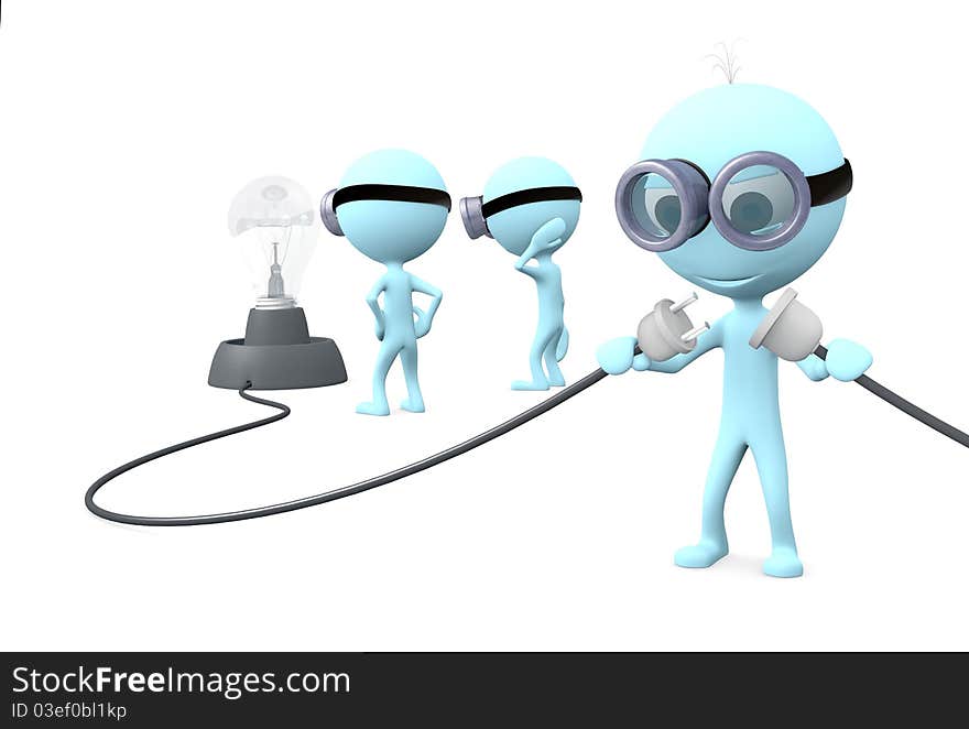 Blue man in glasses stands and connection wires on white background. Blue man in glasses stands and connection wires on white background